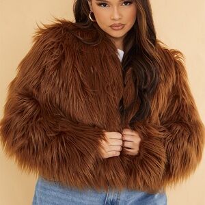 Plus chocolate faux fur shaggy cropped jacket